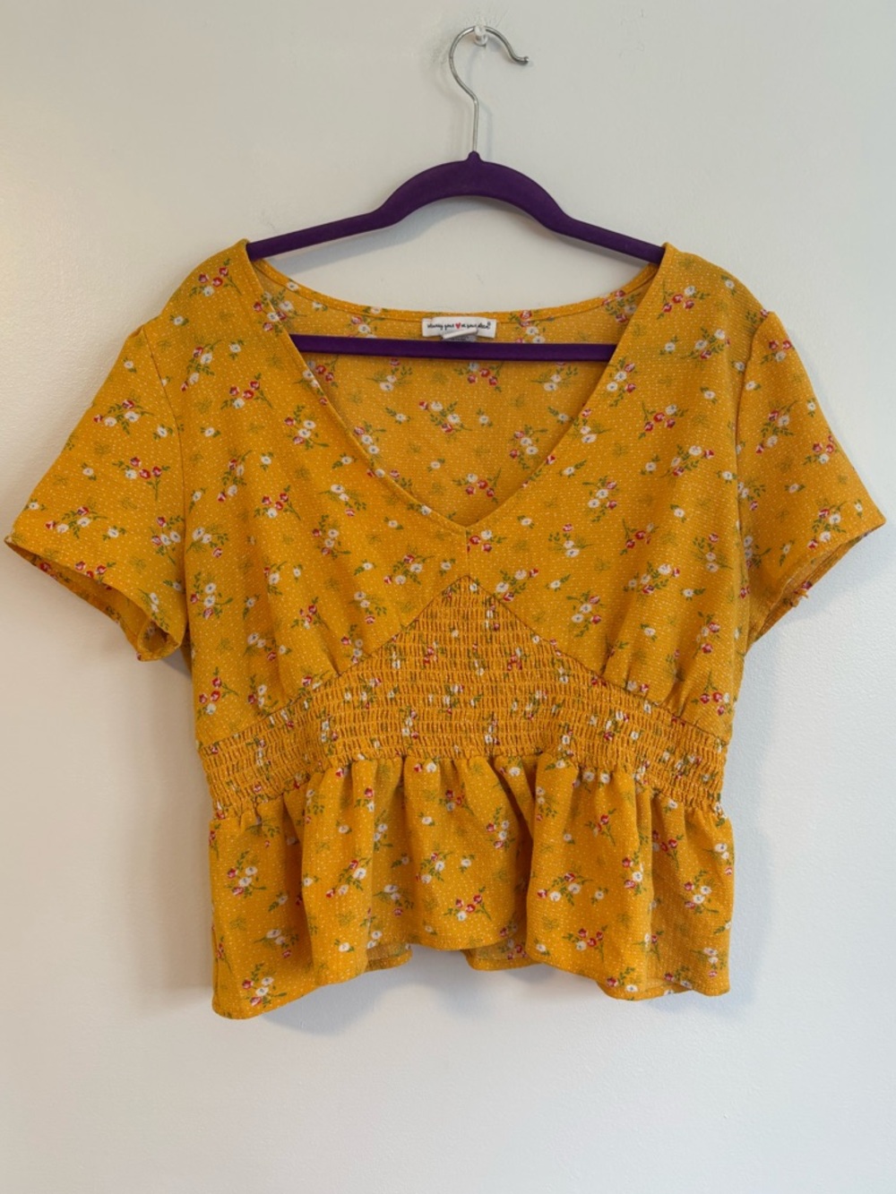 Wearing Your Heart on Your Sleeve Yellow Floral Smocked Peplum Crop Top Size XL